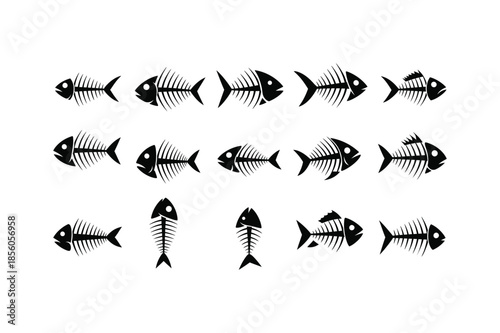 Fish Bone Skeleton Silhouette Icon Set Vector Illustration