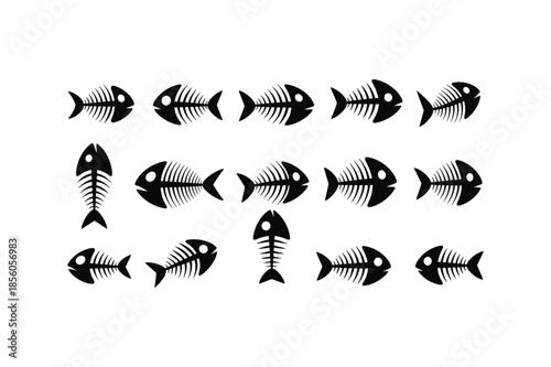 Fish Bone Skeleton Silhouette Icon Set Vector Illustration
