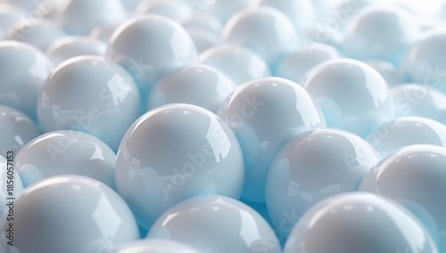 Closeup of numerous glossy light blue spheres packed together with bright reflections on their surfaces