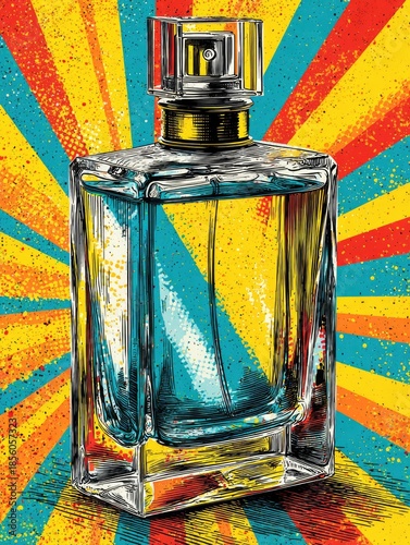 Stylized perfume bottle on a vibrant, colorful background.