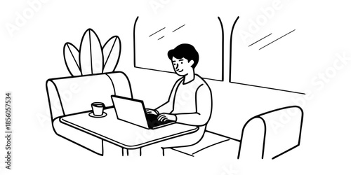 Young Entrepreneur Working on Laptop with Coffee in Cozy Modern Café