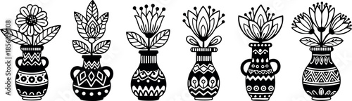 Decorative black and white flower vases with intricate patterns vector illustration 