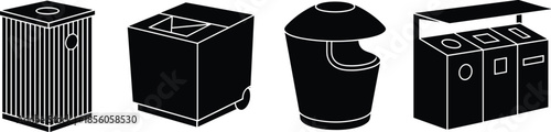 Different trash cans waste bins silhouettes set isolated on transparent backdrop.
