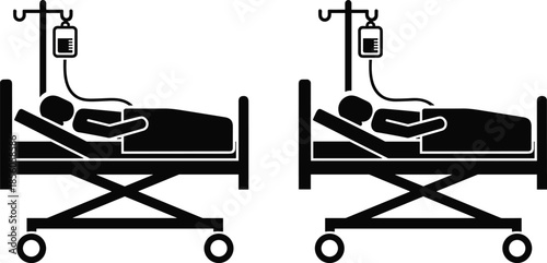 Black silhouette icon set of a patient lying in a hospital bed receiving intravenous IV drip medical treatment