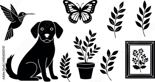 Black silhouette dog butterfly hummingbird leaves potted plant and framed flower vector illustration 