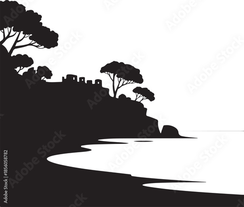 Silhouette of coastal landscape with castle ruins and trees by the water