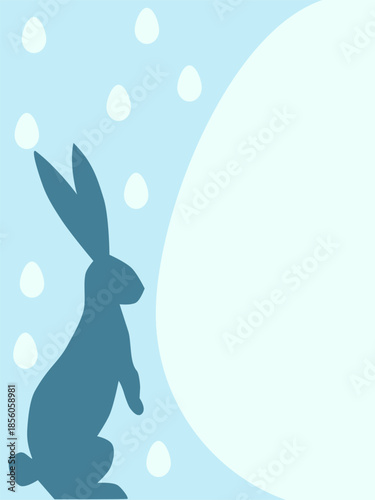 Blue Easter background with a standing rabbit silhouette, white egg shapes, and a large oval space for text or design.