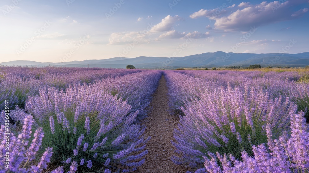 Obraz premium A picturesque lavender field stretches towards the horizon under a blue sky with scattered clouds, featuring a path through the blooming purple flowers.