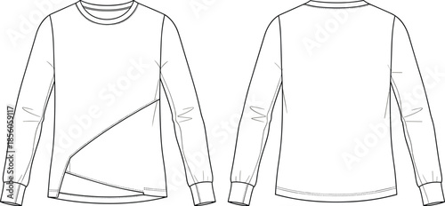 Men long sleeve sweatshirt technical fashion flat sketch, front and back view casual sportswear apparel design illustration vector