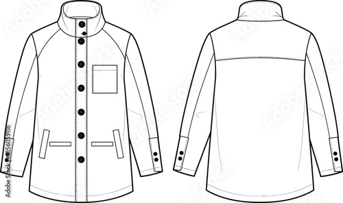 Men long coat technical fashion flat sketch, front and back view with stand collar casual outerwear apparel design illustration vector