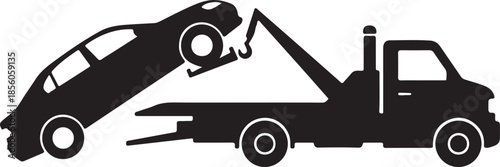 tow truck hauling damaged car, roadside assistance vehicle, vehicle recovery service