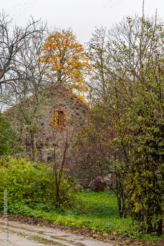 Ancient Stone Wall Ruins in Autumn Forest