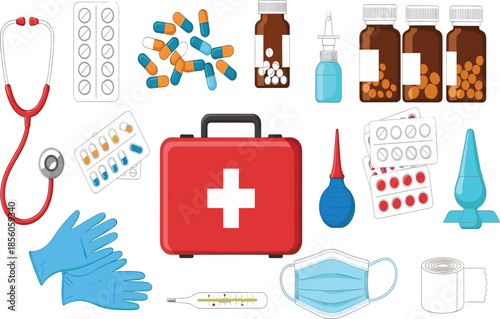 First aid kit and medical supply set featuring colorful illustrations of pill bottles stethoscopes bandages and surgical masks