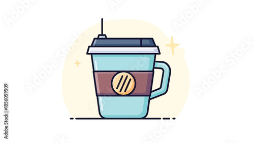 A vibrant and colorful illustration of a takeaway coffee cup with a lid and handle.