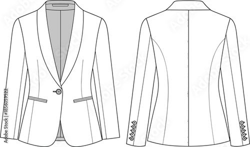 Women tailored blazer technical fashion flat sketch, front and back view formal outerwear apparel design illustration vector