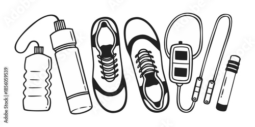 Flat Lay of Healthy Fitness Gear with Running Shoes, Water Bottle, and Smartwatch