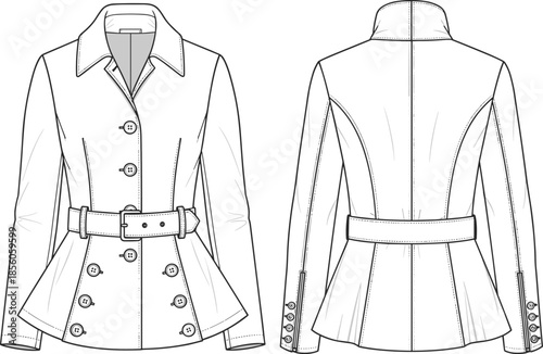 Women belted tailored jacket technical fashion flat sketch, front and back view elegant outerwear apparel design illustration vector