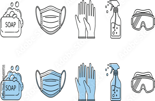 Hygiene and personal protective equipment icon set featuring soap face masks gloves spray bottles and safety goggles vectors