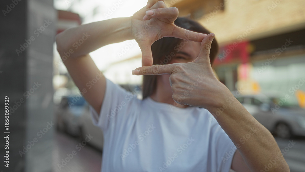 Obraz premium Woman making frame gesture with hands on busy city street in a playful manner, showcasing positive attitude on sunny day.