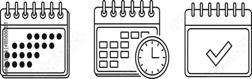 Minimalist calendar icon set featuring outline illustrations for monthly scheduling event appointments and task completion with clock symbols