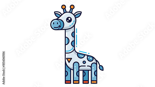 Adorable cartoon giraffe standing tall with blue and white spots on its body.