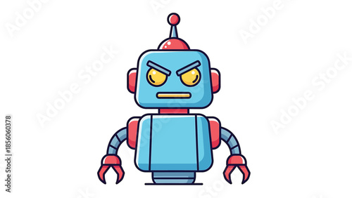 Angry robot with a stern expression and menacing glare, ready to attack.