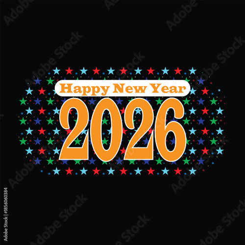 Happy New Year 2026 Typography with Colorful Star Background