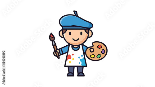 Cartoon artist with a paintbrush and palette, ready to create art.