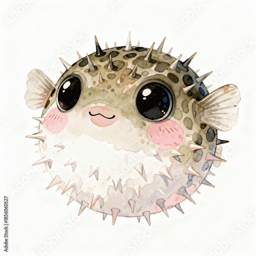 Cute Sea Balloon puffer fish isolated watercolor vector illustration svg