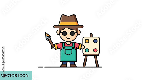 Artist with hat and glasses holding paintbrush near easel with paint palette.