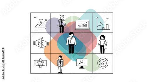 Business professionals and icons representing various aspects of work and career.