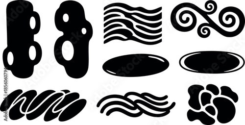Abstract black smoke and steam vector icons with flowing lines and swirls design 