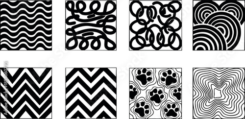 Black and white abstract geometric pattern vector collection with wavy and chevron designs 