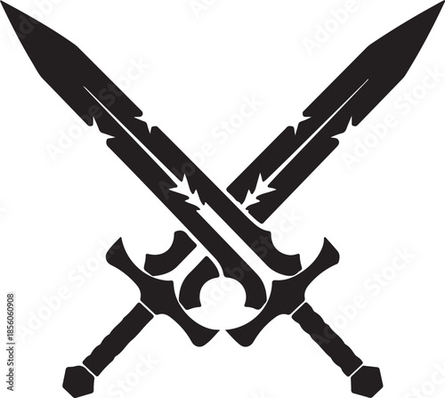 two crossed black swords with ornate hilt and engraved details on transparent grid background
