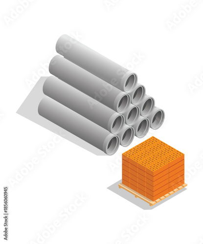 Construction Materials Stacked Isometric View concrete pipes