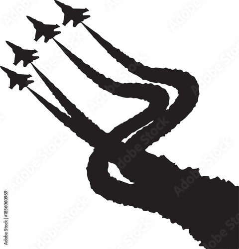 Military jet squadron flying formation with smoke trails abstract vector silhouette illustration