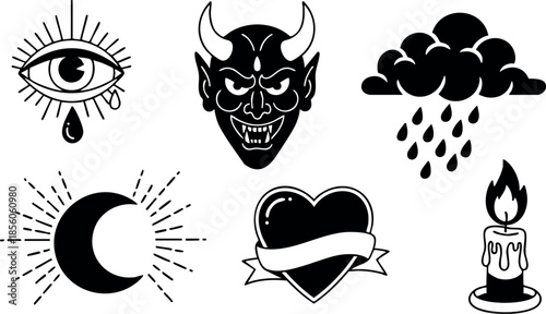 Set of black vintage tattoo style icons with eye moon devil heart candle vector illustration 