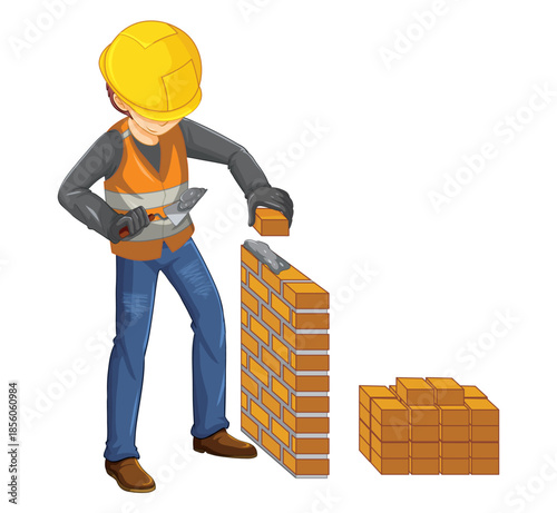 Construction worker building a brick wall with trowel