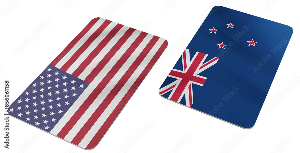 Obraz premium Flags of the United States of America and New Zealand on Separate Cards, Representing International Relations and Diplomatic Ties