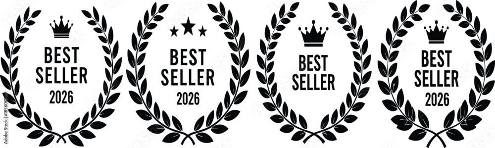 Obraz premium Set of black best seller 2026 laurel wreath badges with crown and star icons for product quality certification