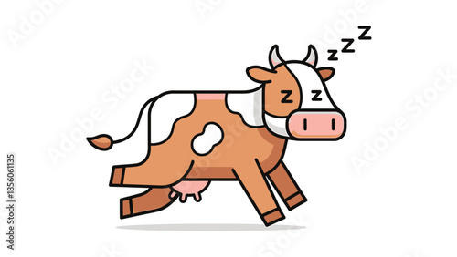 Cartoon cow sleeping while running, a whimsical and funny illustration.