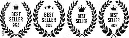 Set of black best seller 2026 laurel wreath badges with crown and star icons for product quality certification