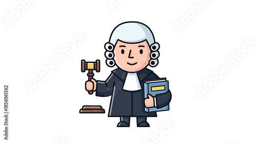 Cartoon judge holding gavel and book, ready to make decisions in court.