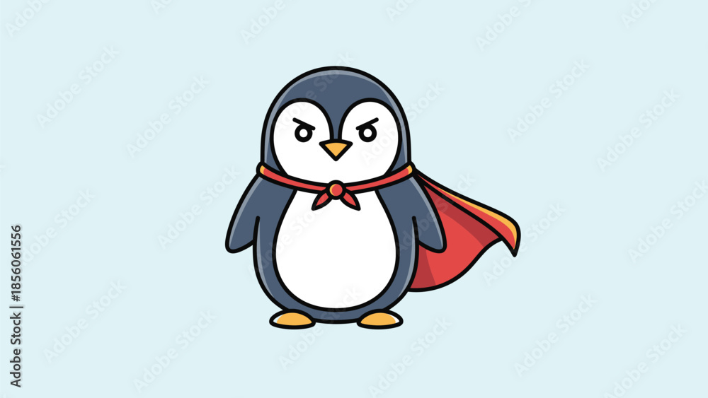 Obraz premium Cartoon penguin superhero with a red cape ready for action and adventure.