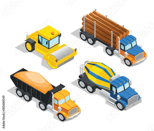 Isometric construction vehicles and materials on white background