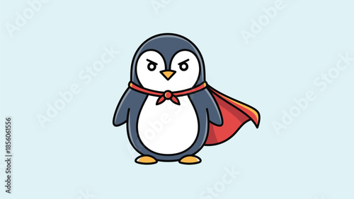 Cartoon penguin superhero with a red cape ready for action and adventure.