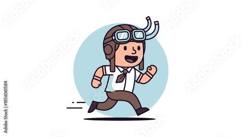 Cartoon pilot running with enthusiasm and determination towards adventure and exploration.