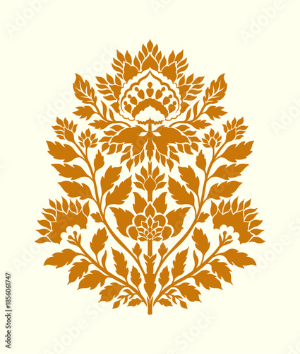 Mughal Folk Floral Ornamental Illustration in Golden Ochre on Light Background