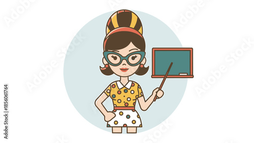Cartoon teacher with glasses holding a pointer and a chalkboard for education.