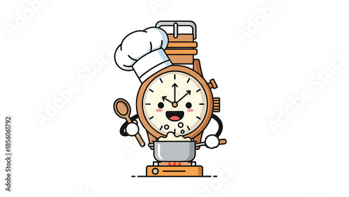 Cartoon watch character cooking food in a pot with a chefs hat.
